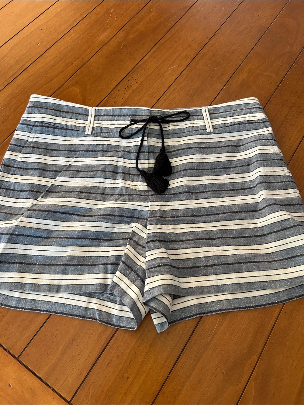 LOFT Blue & White Striped Tassel Tie Linen Blend Shorts Size 8